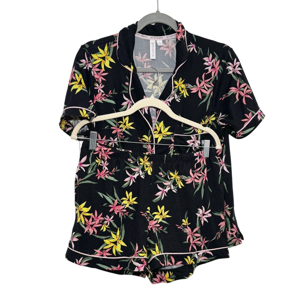 Joyspun Womens 2 Piece Pajama Set Black Floral Tropical Short Sleeve Med/Small